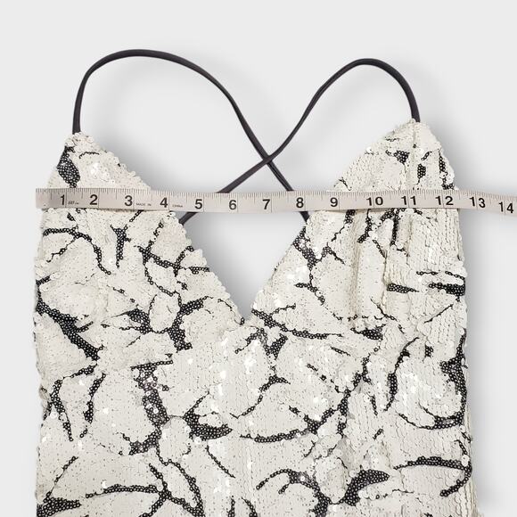 Lucy In The Sky White Black Sequins Abstract Backless Mini Dress Sz Large Party - Picture 9 of 11